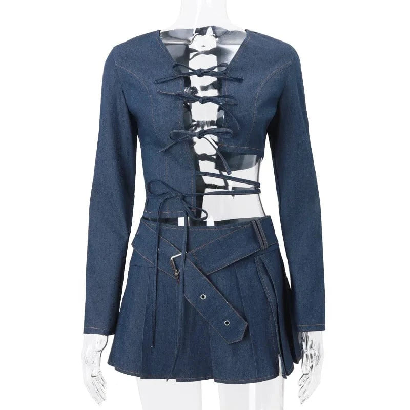 M / set Bomblook C124ST New Design Denim Lace Up Crop Top With Pleated Skirt Suit Women Outfits 2 Piece Set Women 2024