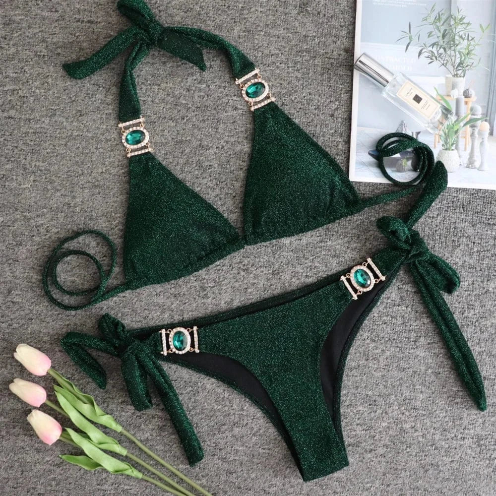 M / Shiny green DAMOCHIC Sexy Shiny Swimwear Gold Lace Up Ladies Swimsuit Halter Neck Bathing Suit Crystal Diamond Chain Split Bikini Set 2023