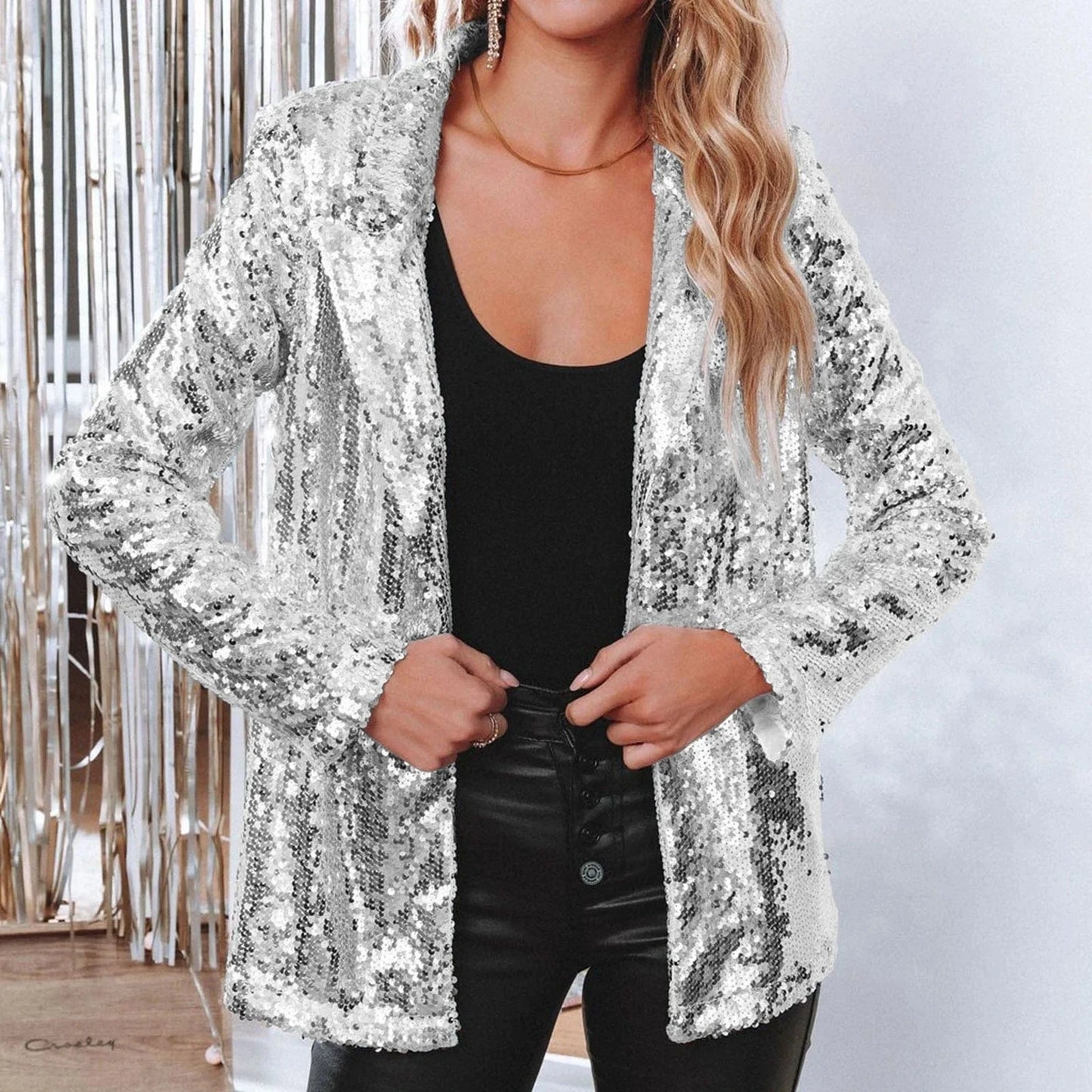 M / silver 2024 Best-Selling Women Autumn and Spring Commuter Style Cardigan Collar Long Sleeved Sequined Casual Suit Jacket
