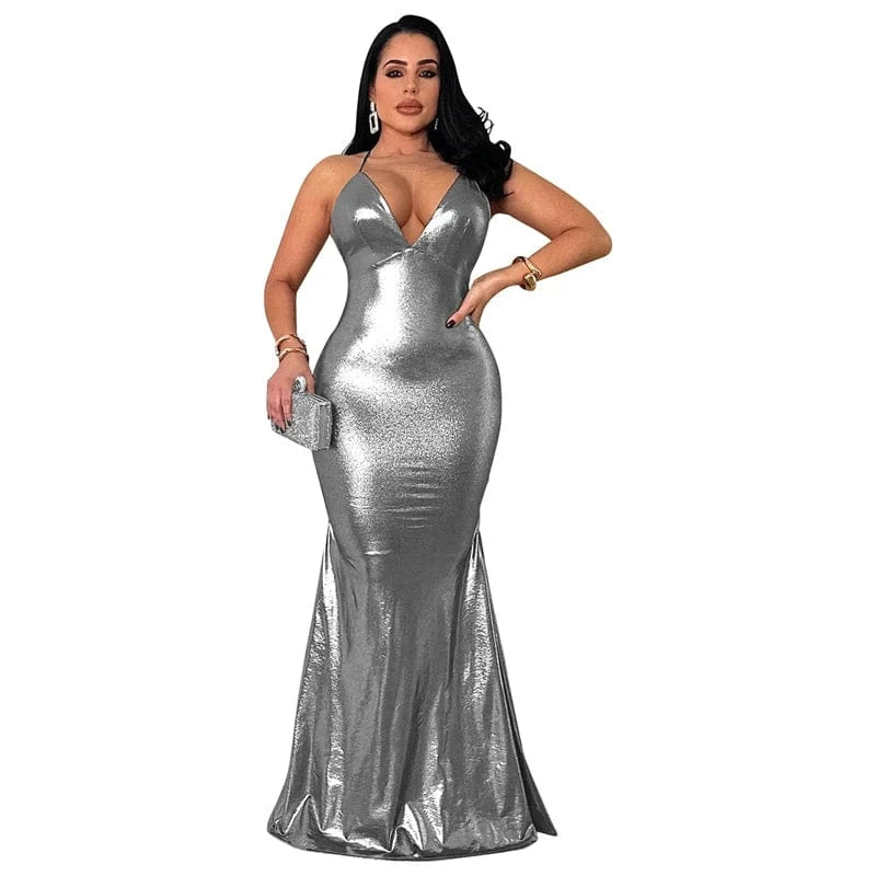 M / silver 2024 summer custom women knit gold silver sexy bandage shiny metallic fabric clubwear nightclub backless maxi long evening dress