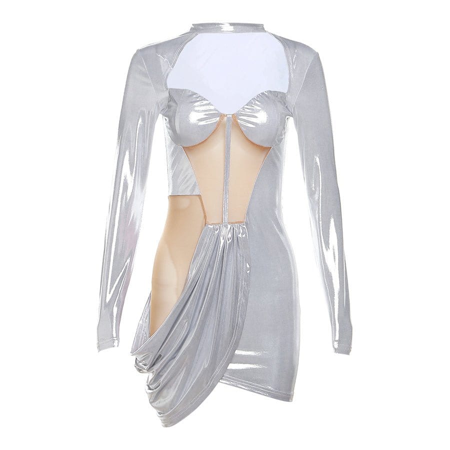 M / silver 35991 Fashion Shiny Dresses Street Wear Mesh Patchwork Women Casual