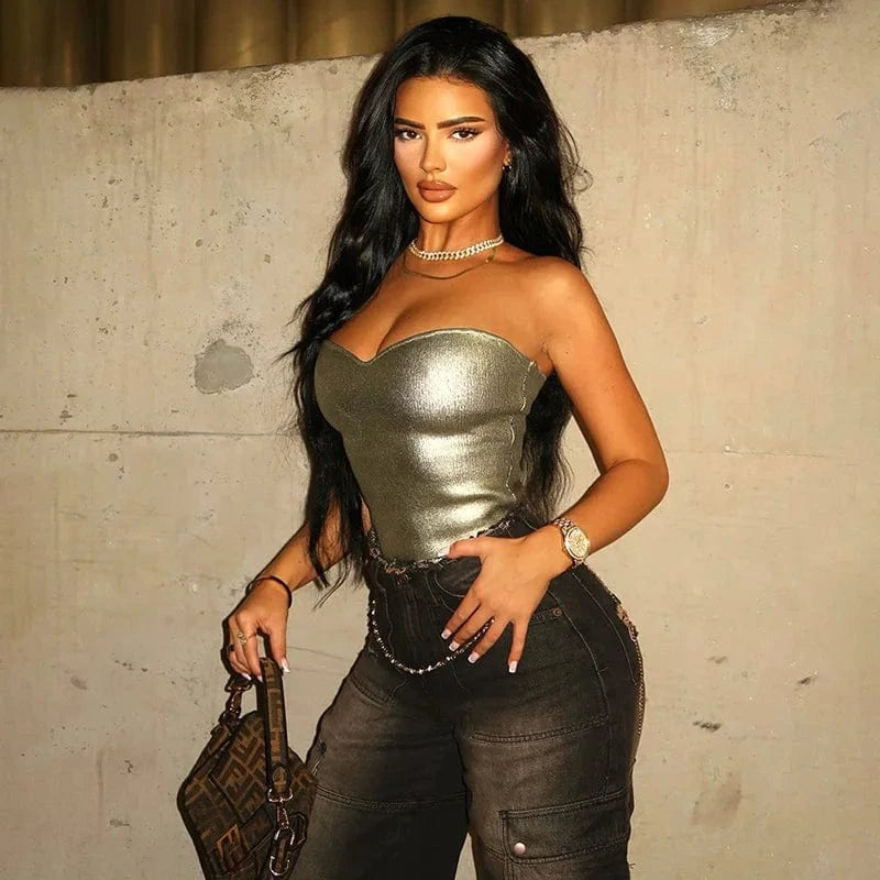 M / silver Wholesale boutique 2024 fashion crop top sexy shiny club wear women tank tops corset