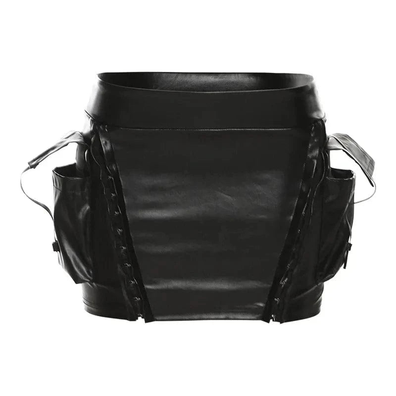 M / skirt 2024 New Summer Women 2pcs Pu Dress Set Solid Color Off Shoulder Sleeveless V Neck Crop Top+pocket Metal Buckle Mini Skirt