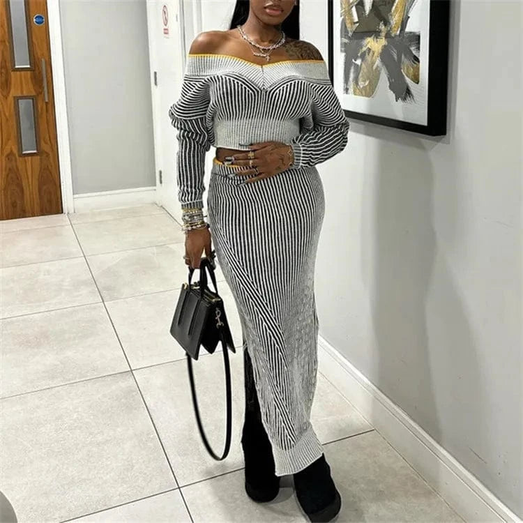 M / Striped Fashion Sexy 2024 Two Piece Dress Set Women Outfit Off Shoulder Long Sleeve Tops And Long Skirt