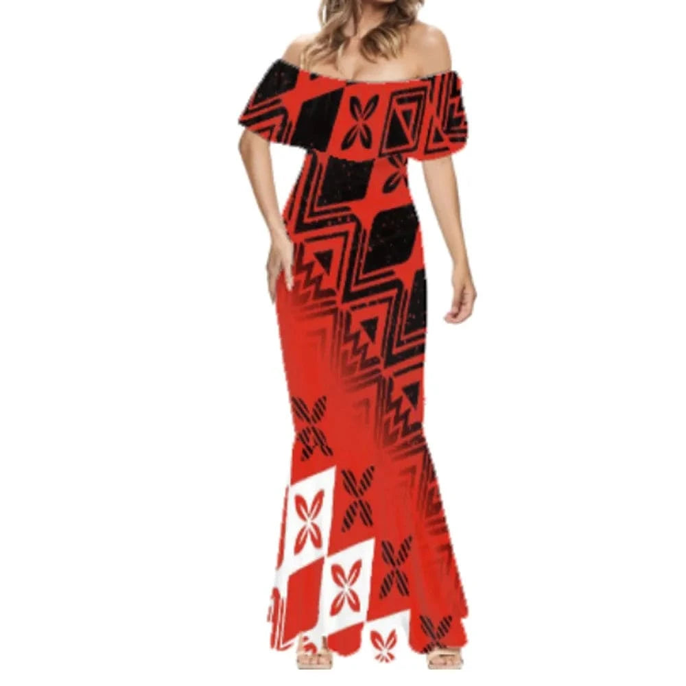 M / VBYSFC0361 Elegant Long Party Dresses and Polynesian Tribal Tapa Print Puletasi Dress Pacific Island Print Custom Long Gown Evening Dress