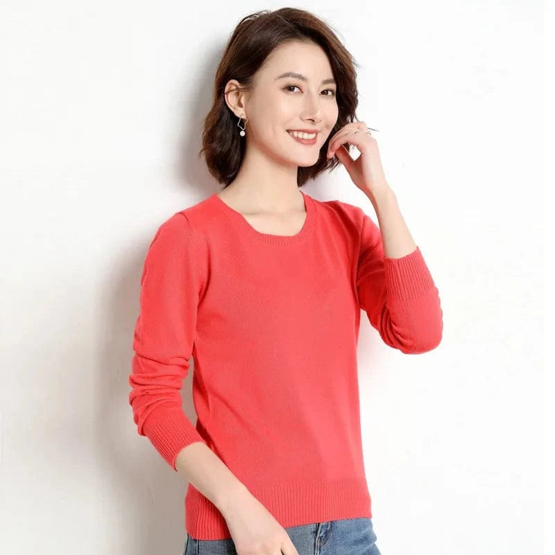 M / Watermelon red 2024 Autumn And Winter New Korean Style Sweater Women's Bottoming Shirt Pullover Thin Long Sleeve All-Match Round Neck Wool