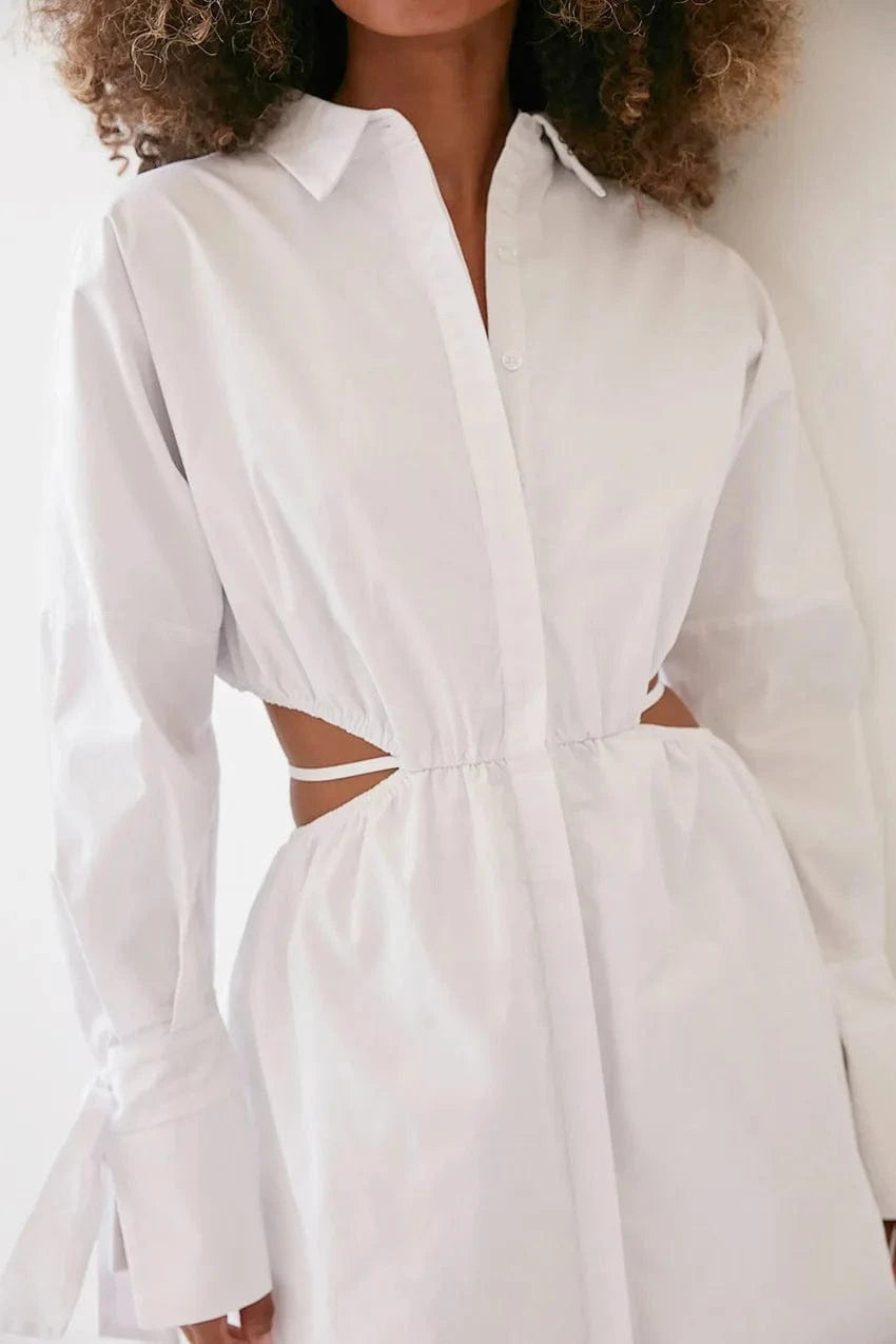 M / White 2024 All Day Fashion Office Dresses Elegant Casual Cut-Out Waist Long Sleeve Shirt Women Cotton Black Dress