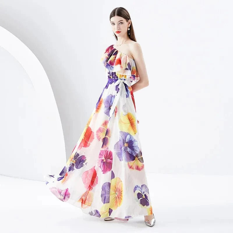 M / White 2024 Early Spring Vacation One Shoulder Flare Sleeves Ruffle Edge Printed Dress KL6306085