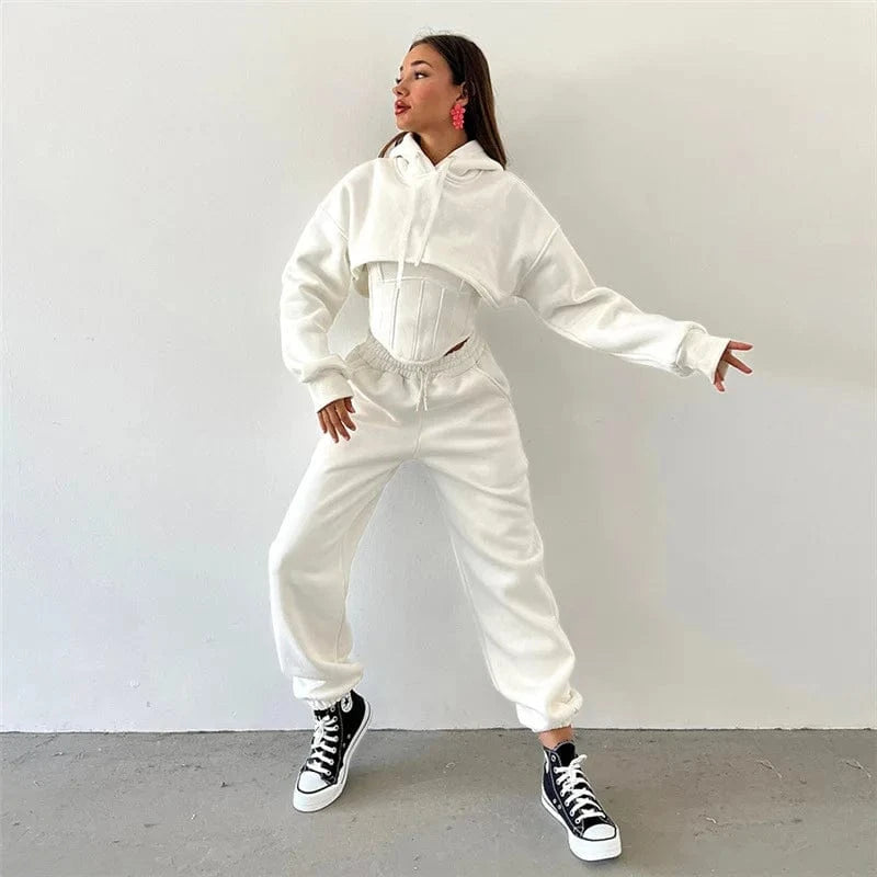 M / White 2024 Fall Winter Casual Women's Sets Long Sleeve Hoodie Jogger Wear Outfits 3 Piece Set Women