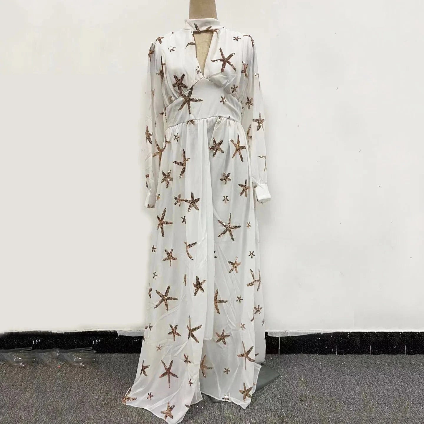 M / White 2024 Latest Women Turtleneck Tulle Evening Dresses High Slit Sequined Maxi Dress Ladies Long Sleeve Party Gowns Dress