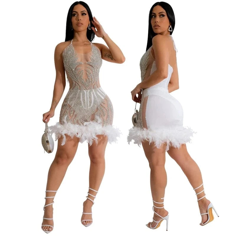 M / White 2024 new design elegant sexy ladies sequin feather delicate women halter neck backless evening party short mini dress for women