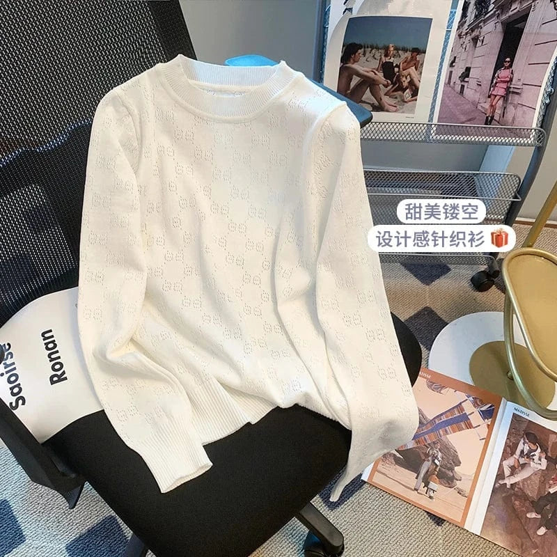 M / White 2024 spring and autumn new crew-neck pullover sweater women loose luxury brand designer sweater hollow-out sweater top
