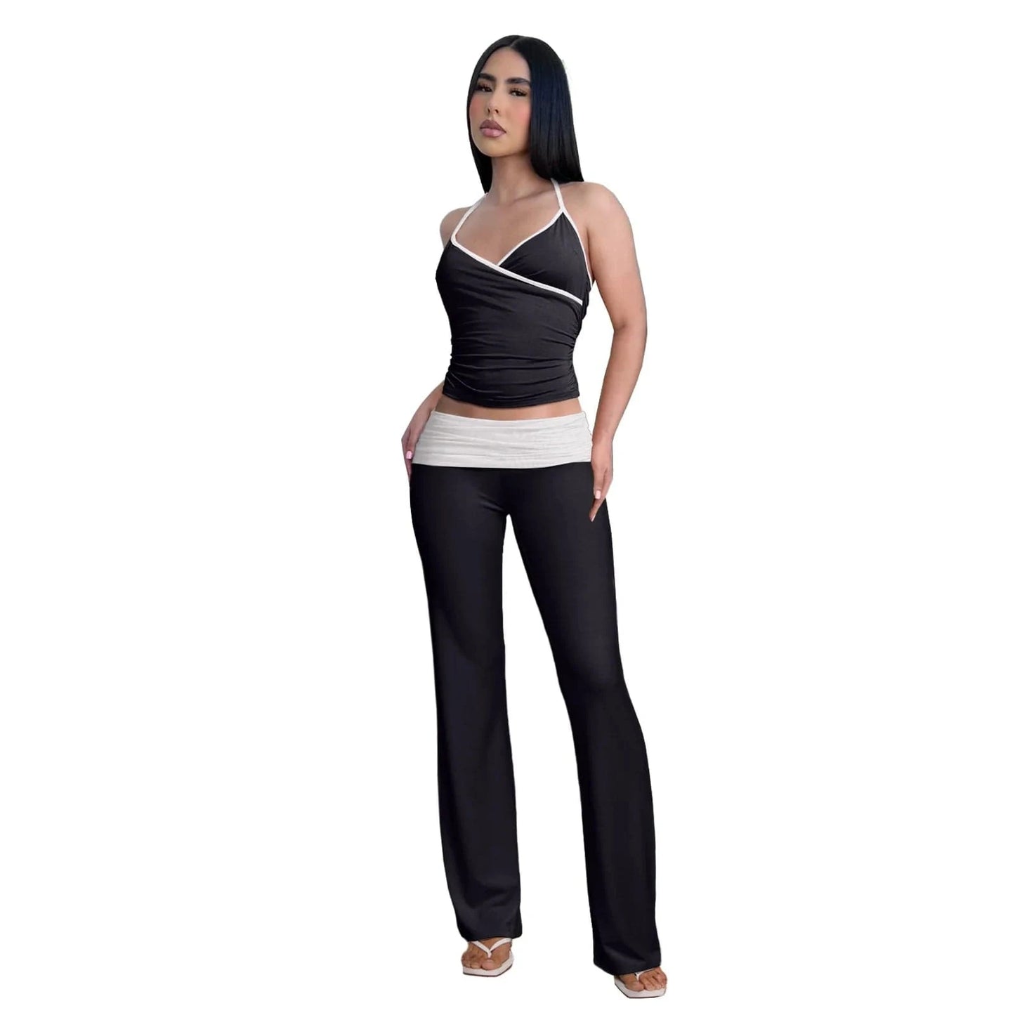 M / White 2024 Spring Women's Two Piece Suits Y2k Style Streetwear Clothing Set Square Collar Crop Tops Flare Pant Set