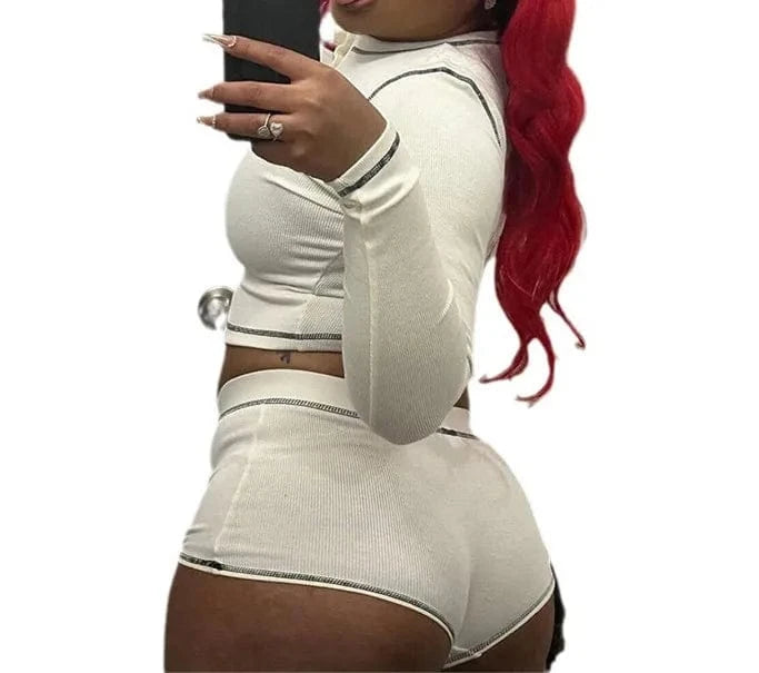 M / White 2024 Women clothes set high Waist slim fit  pink 2 piece long sleeve crop top and shorts set loungewear sets for women