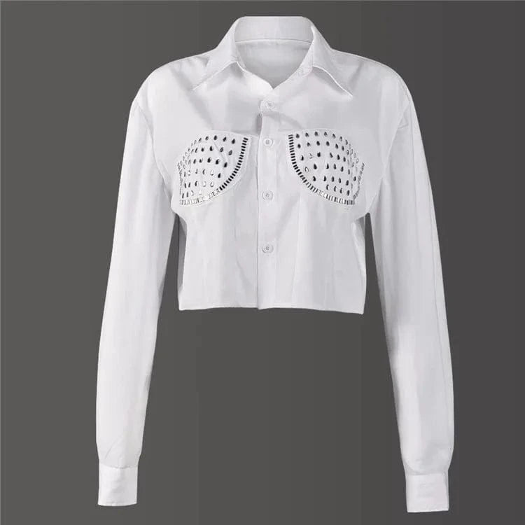 M / White 2024 Women Rhinestone Pocket Button up Shirts for Women Long Sleeve Shirts and Blouses Woman