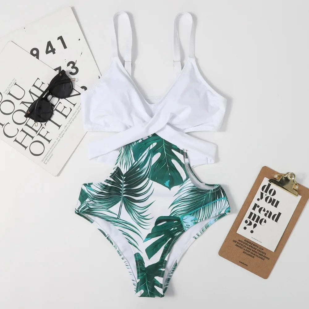 M / White 2024 Womens Leaves Printed Bandage Hollow Slim Swimsuit Sexy Suspender Bikini Padded One-piece Swimsuit Bathing Suits
