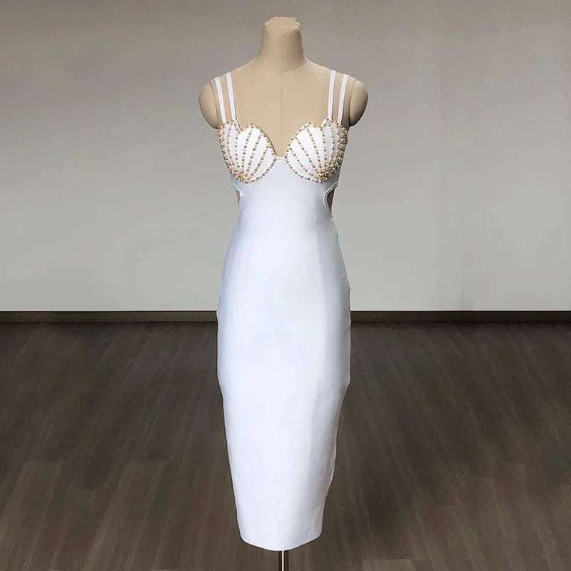 M / White BA366 Sexy Beaded Strapless Bandage Dress for Women Summer 2023 New White Black Sleeveless Midi Dresses Elegant Slim Vestidos