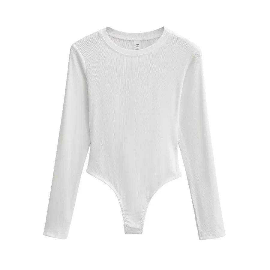 M / White Bodysuits for Women Modal elastane Rib Knit Women's O neck long sleeve slim fitting basics romper bodysuit