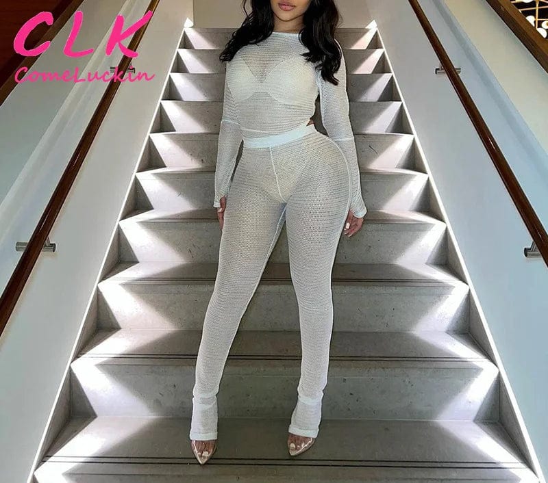 M / White Custom Embroidery Loungewear Women Sets Spring 2024 Women's Clothing Solid Color Long Sleeve Casual Wear Two Piece Pants Set