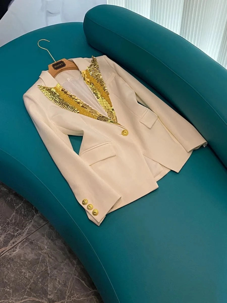 M / White Fine Workmanship Rivet Beading Notched Single Button Lady Office Formal Coat Long Sleeve Women Solid Blazer White