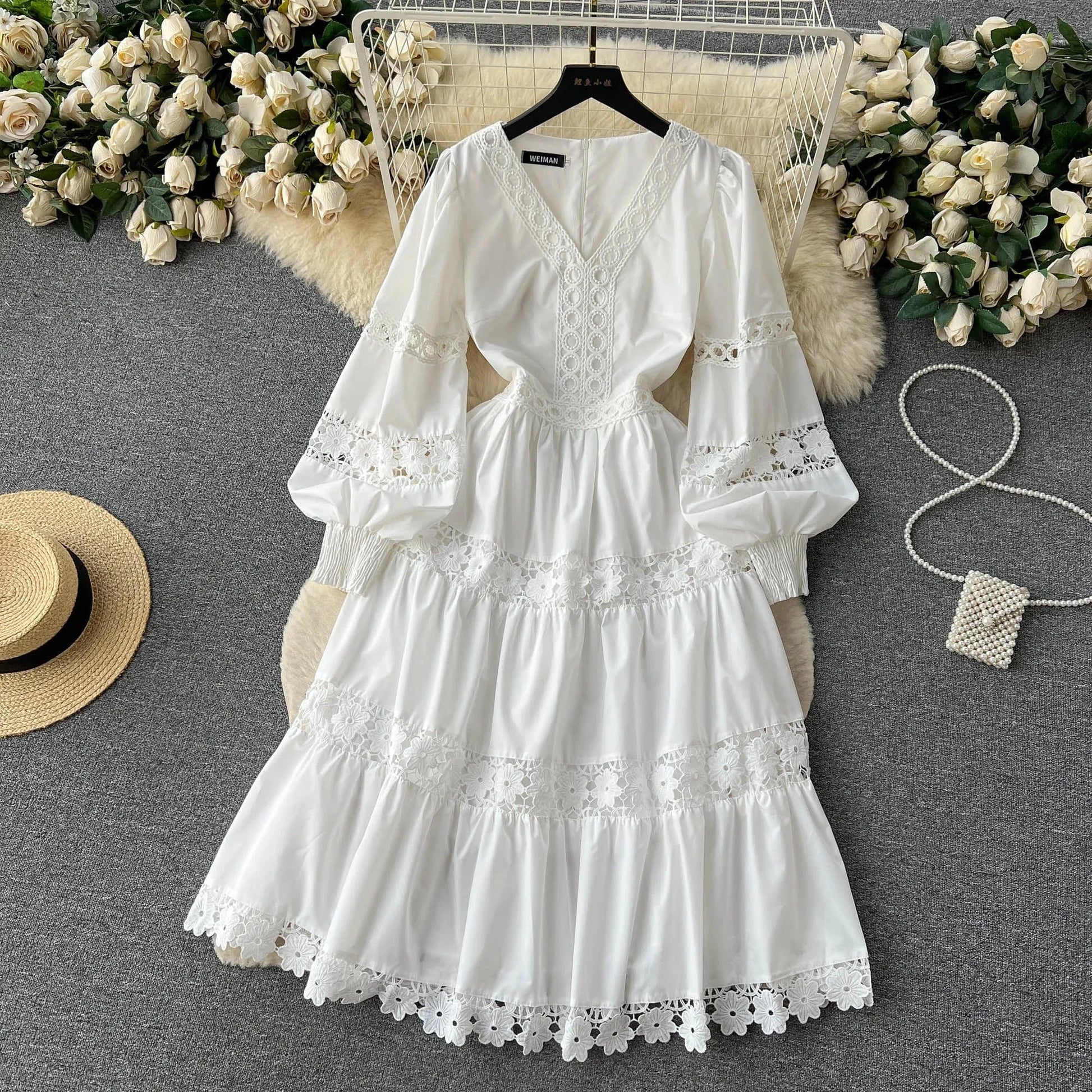 M / White High Quality Crochet Lace Patchwork Long Sleeve Long Dresses Women