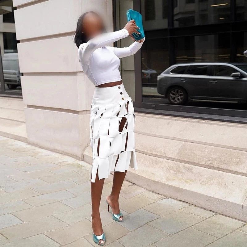 M / White K23j39543 Autumn 2024 New Hole See Through High Waist Skirt Solid Loose Casual Outfit Streetwear Fashion Skirt For Women