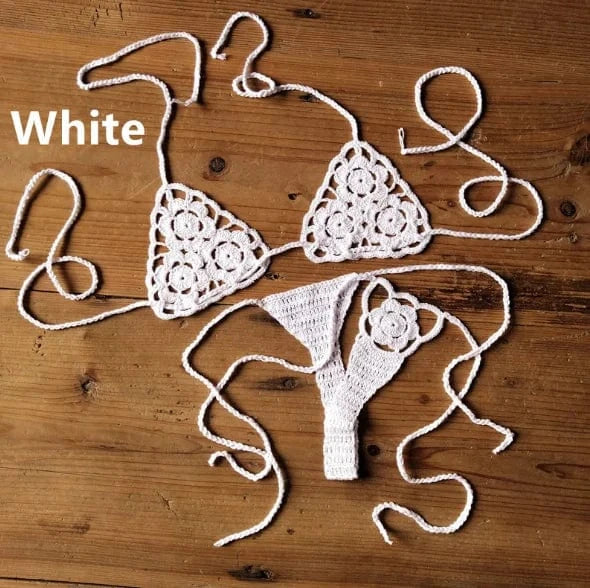 M / White Liu Ming High Quality 2024 New Fashion Women Sexy Handmade Crochet Bikini G Thong String Beach Micro Swimwear Sets