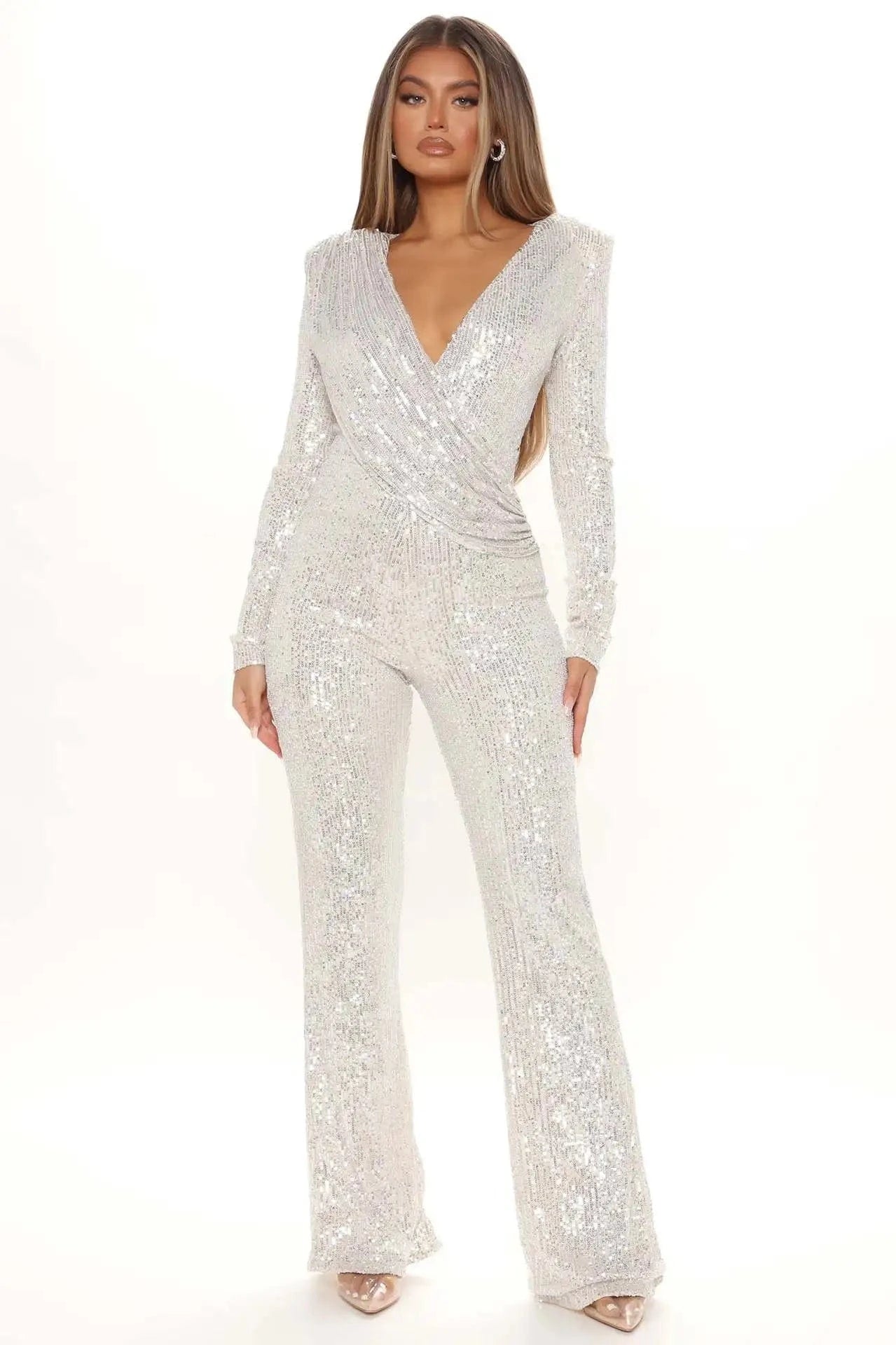 M / White Liu Ming New Arrivals Women Sexy V Neck Tight Nightclub Bodysuit Sequin Jumpsuit