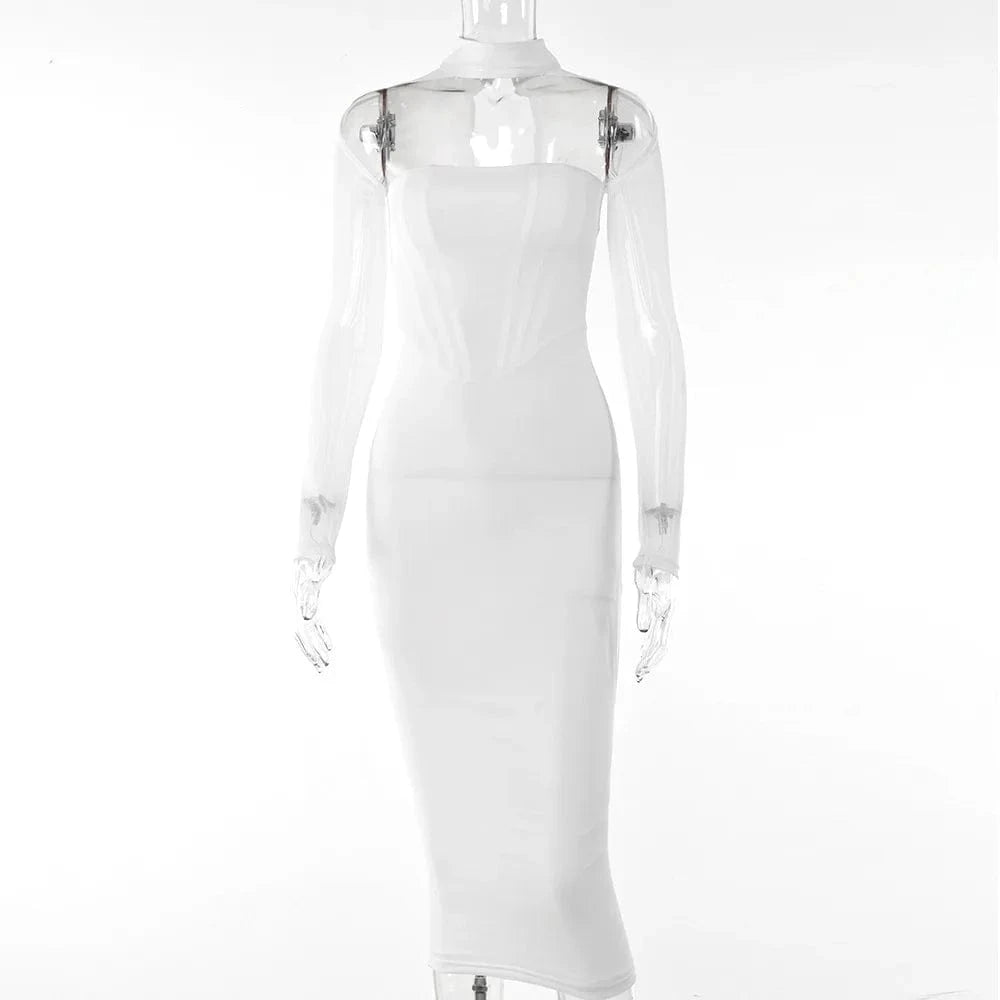 M / White Liu Ming Summer Y2k Women Long Sleeve Corset Sexy Party Elegant Club Midi Dress
