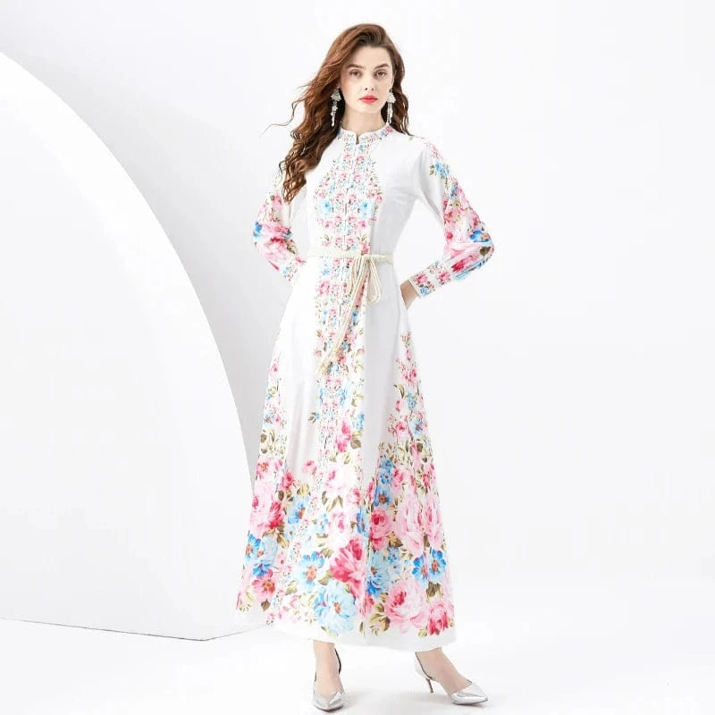 M / White Spring/Summer 2024- Resort style retro stand up collar single breasted lantern sleeve printed wide hem long dress KL6232080