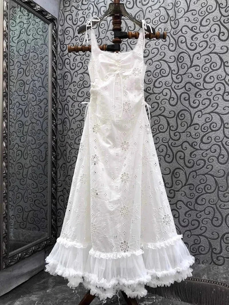 M / White Top Quality New Long Dress 2024 Spring Summer Fashion White Dress Women Sexy Tulle Lace Patchwork Elegant Long Party Maxi Dress