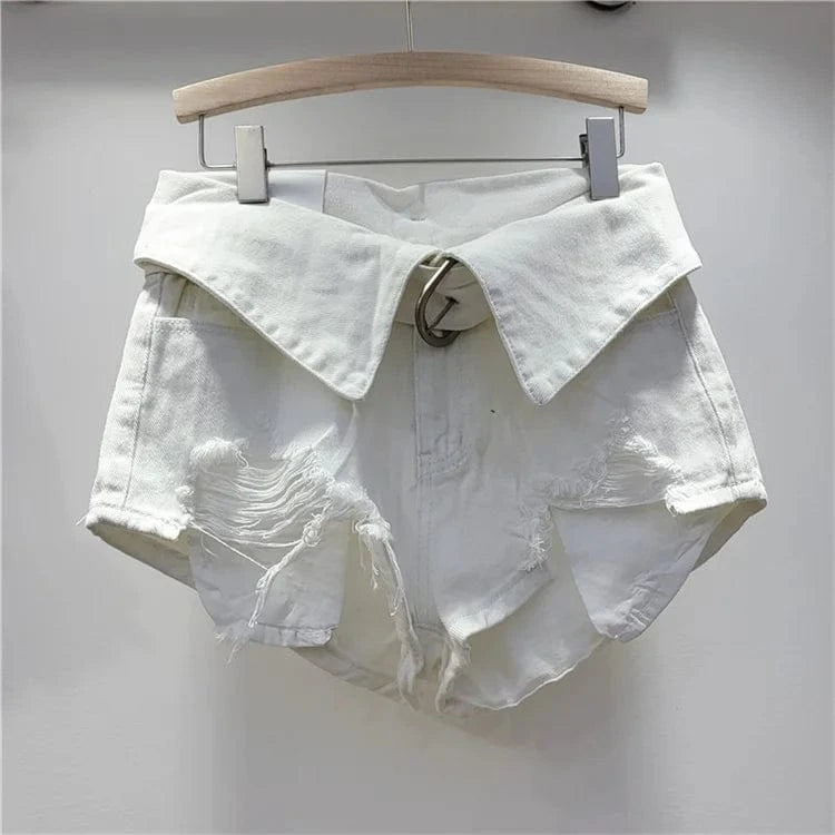 M / White Vintage Holes Patchwork Denim Shorts Women Trend Lapel High Waist Irregular Jeans Pants