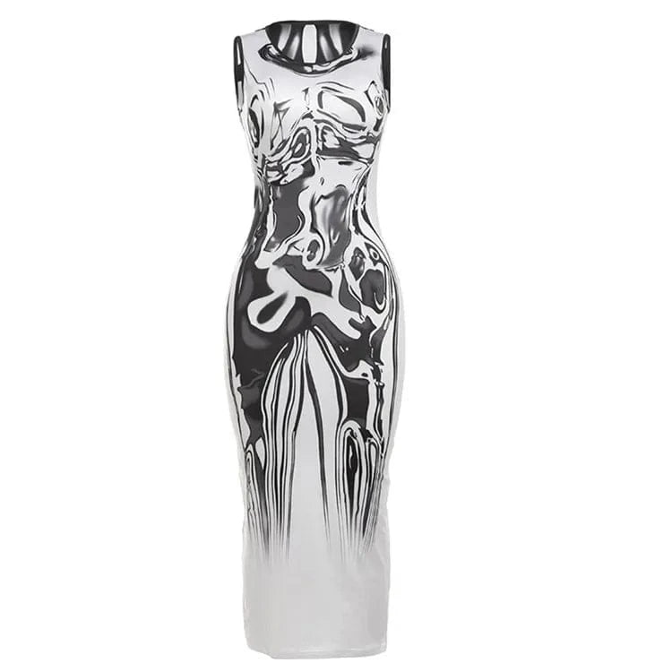 M / White White Graphic Print Long Dress Club Outfit For Women 2024 O Neck Sleeveless Bodycon Maxi Dress