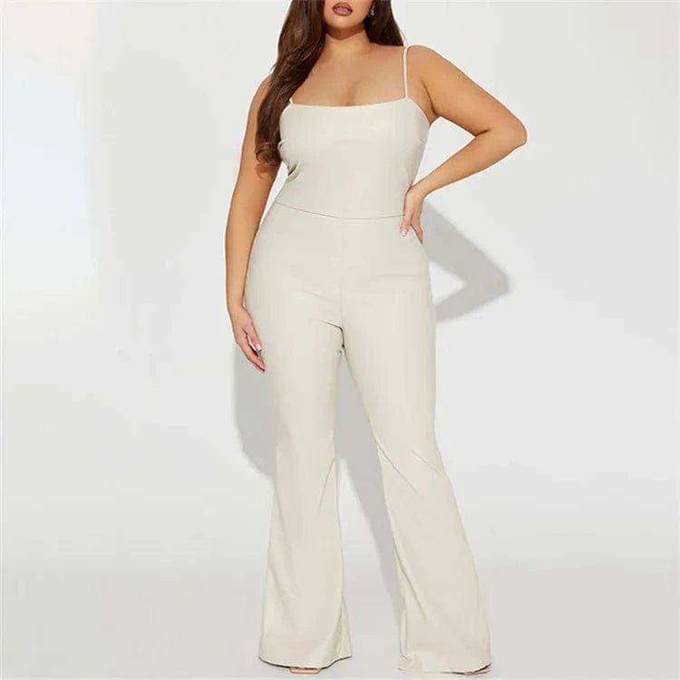 M / White Women 2024 Fashion Spaghetti Strap Faux Leather PU Flare Sexy Party Jumpsuit INS Street Romper One Piece Playsuit