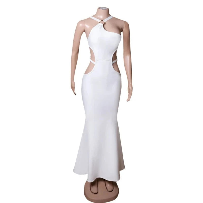 M / White Women One Shoulder Long Dress 2024 Sexy White Hollow Out Skinny Fashion Club Celebrity Party Lady Outfits Dresses