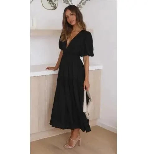 M / Whitel Women 2024 Puff Sleeve Deep V Neck Long Dresses Summer For Woman Sexy Green Women's Dress Summer Royal Blue