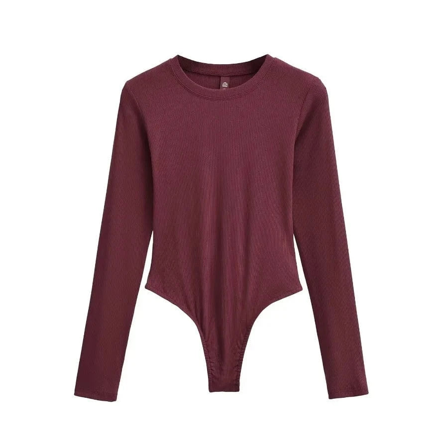 M / Wine Bodysuits for Women Modal elastane Rib Knit Women's O neck long sleeve slim fitting basics romper bodysuit