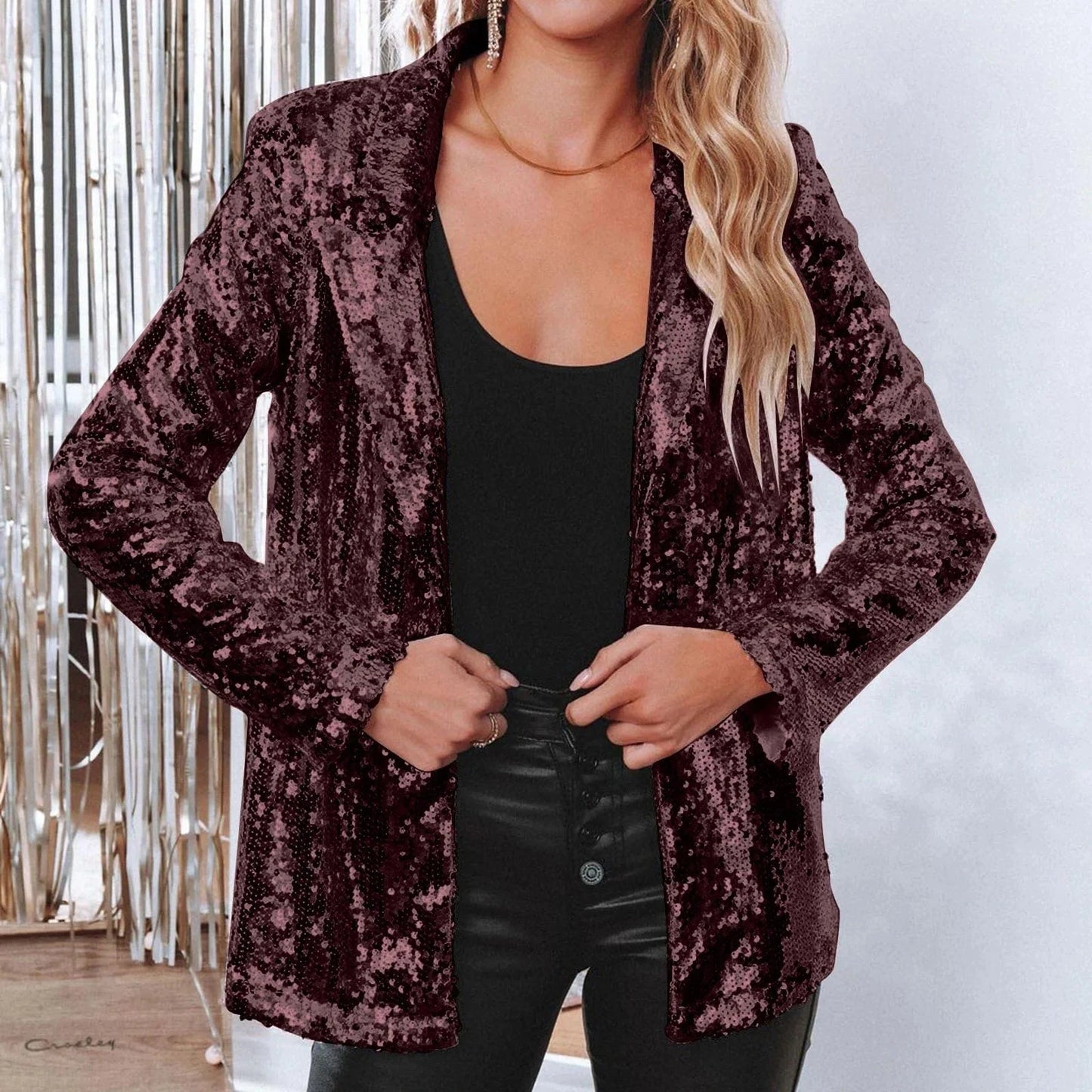 M / Wine Red 2024 Best-Selling Women Autumn and Spring Commuter Style Cardigan Collar Long Sleeved Sequined Casual Suit Jacket