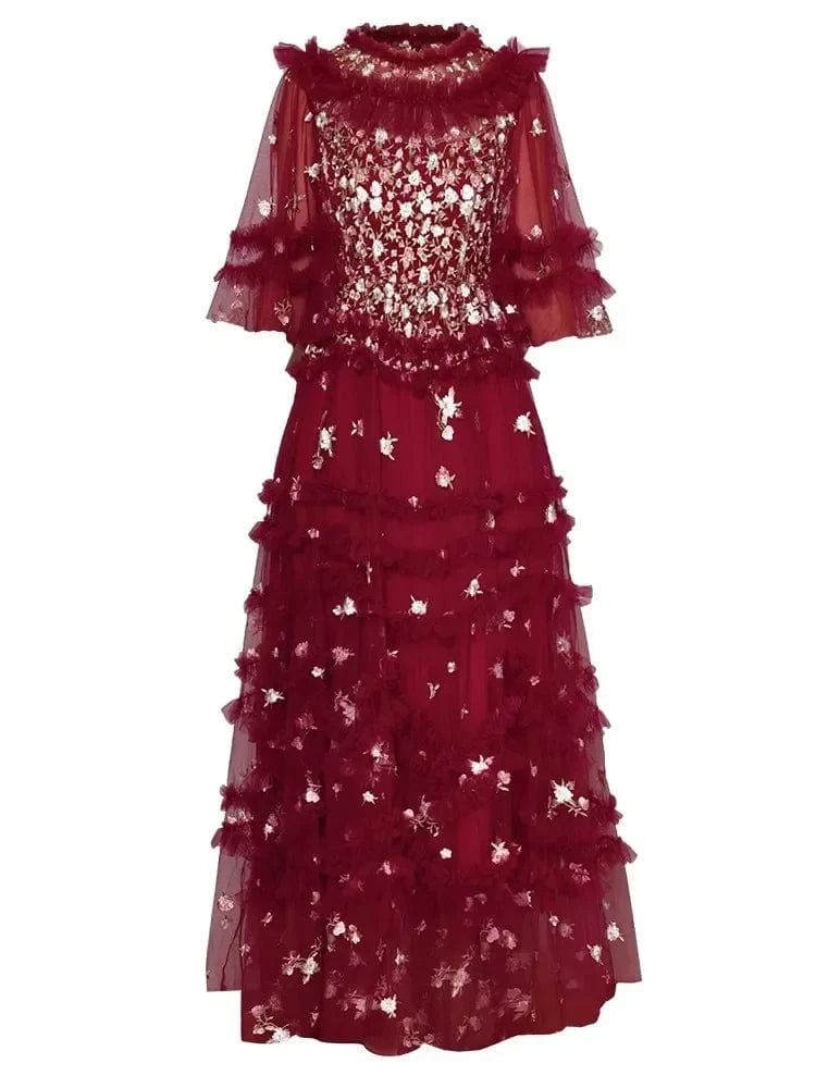 M / Wine Red Top Quality New 2024 Spring Summer Wedding Party Lady Luxurious Embroidery Ruffle Floral Apricot Red Long Tulle Mesh Dress Maxi