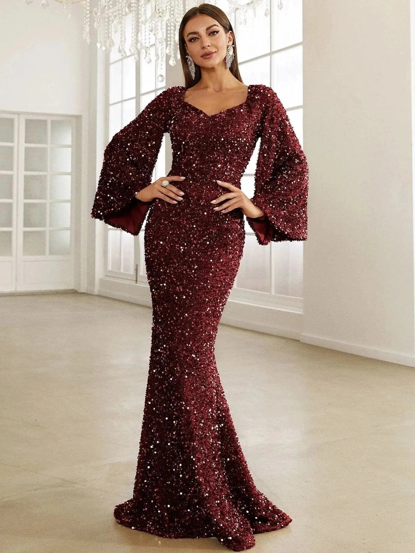 M / Wine red Wholesale Casual Long  dress elegant women floor-length v-neck a line dress with sleeves women floor-length sequin dresses