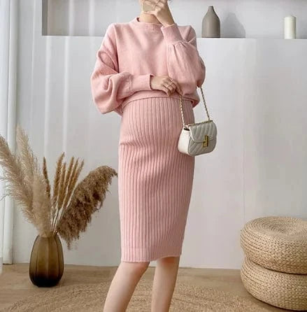 M-XXL Fashion Outgoing New Large Pregnant Women's Cute Pink Knit Pullover Thickened Sweater Two Piece Set
