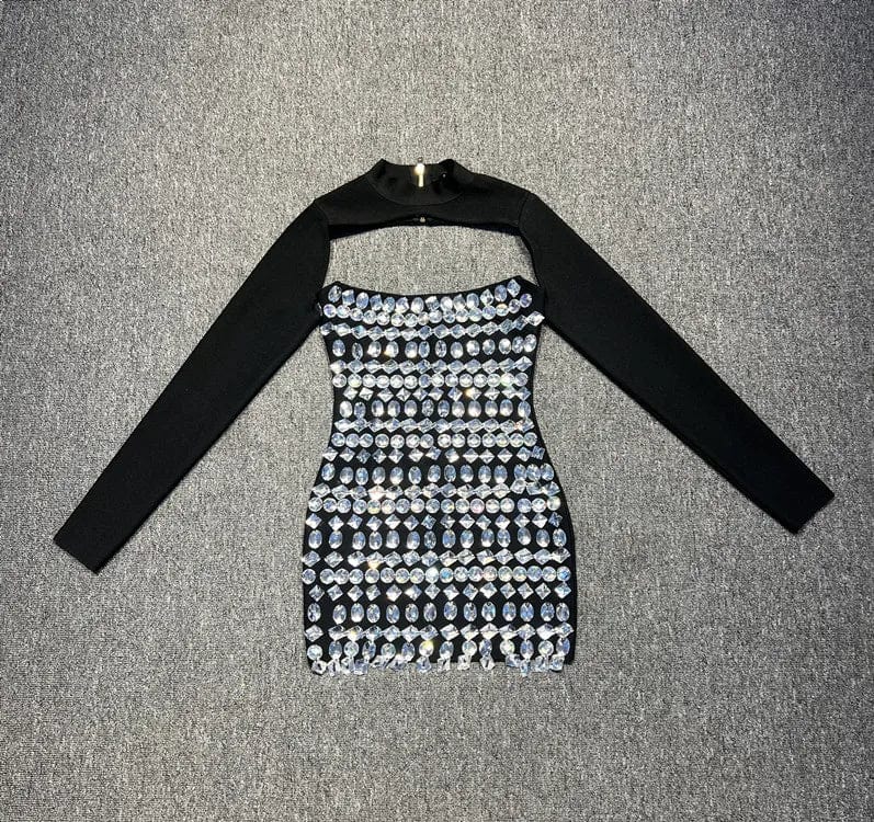 M / YBlack Ocstrade High Quality Fashion Long Sleeve Crystal Rhinestone Dresses Party Elegant Luxury Evening Dress Black Bandage Club Dress