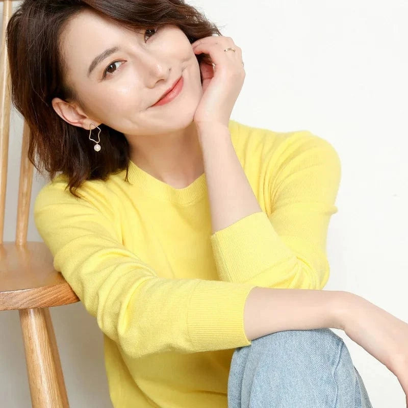 M / Yellow 2024 Autumn And Winter New Korean Style Sweater Women's Bottoming Shirt Pullover Thin Long Sleeve All-Match Round Neck Wool