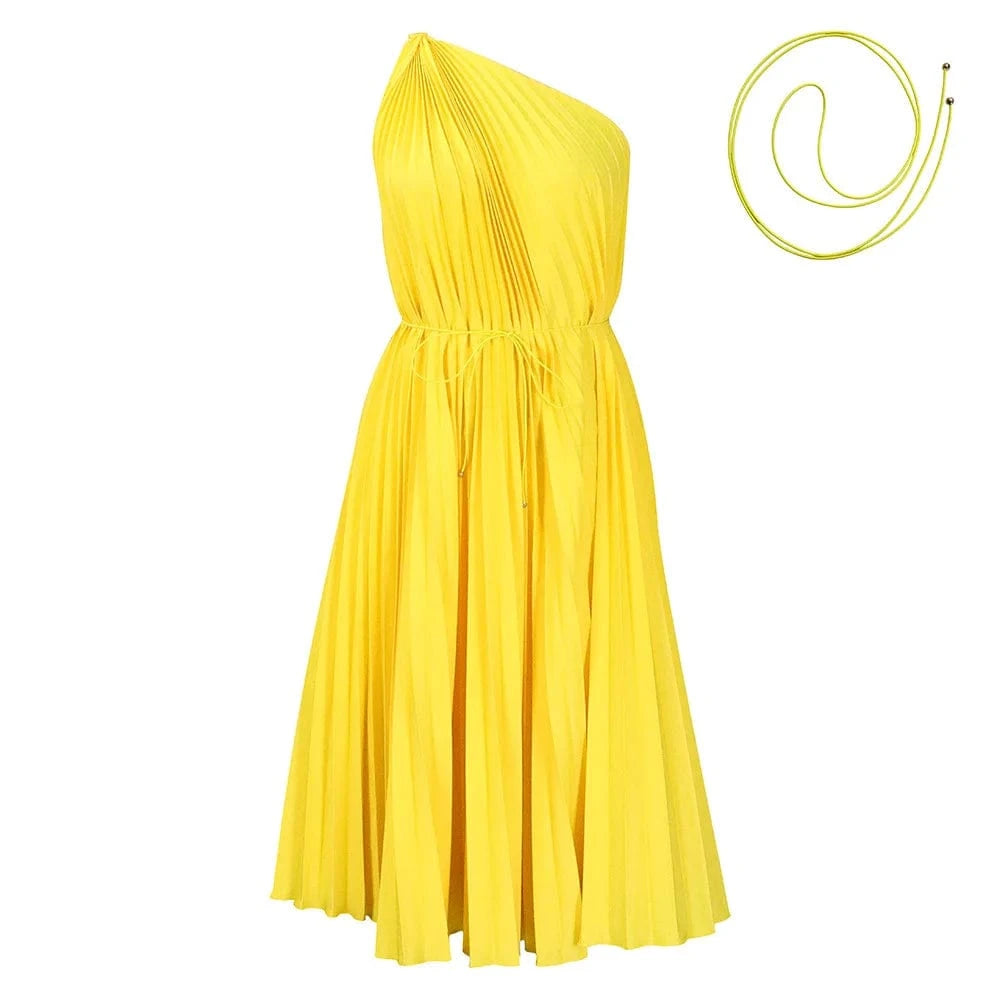 M / Yellow 2024 Custom Dresses Women Slash Shoulder Big Swing Strap Pleated Dress Solid Color Summer Dresses