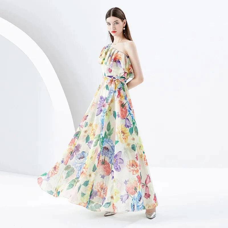 M / Yellow 2024 Early Spring Vacation One Shoulder Flare Sleeves Ruffle Edge Printed Dress KL6306085
