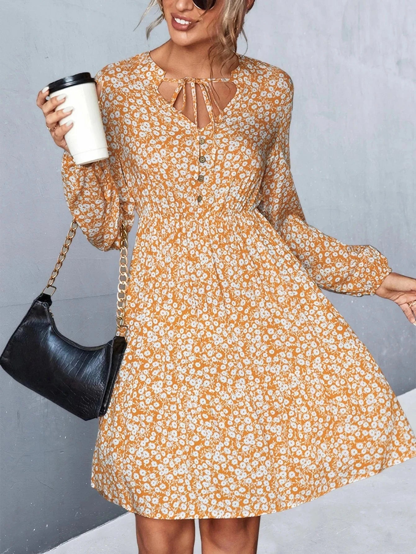 M / Yellow 2024 New Arrival Fashion Chiffon Floral Dress Casual Button V Neck Flower Printed Long Sleeve Dresses Women Elegant Long Dress