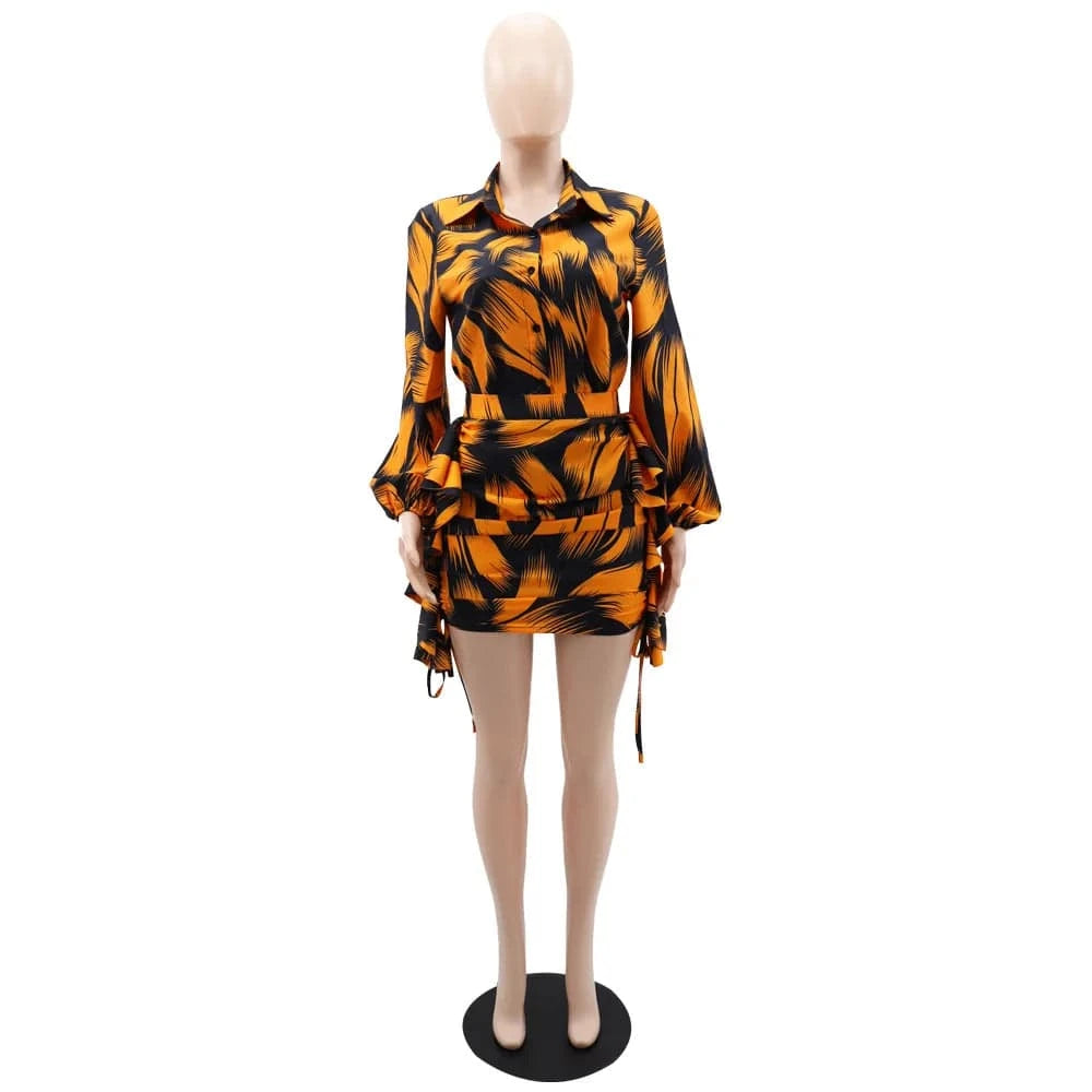 M / Yellow Bomblook C103ST 2024 Clothes For Women Print Shirt With Tassels Skirts Casual Outfits Women Two Piece Set Bodycon Skirt Set