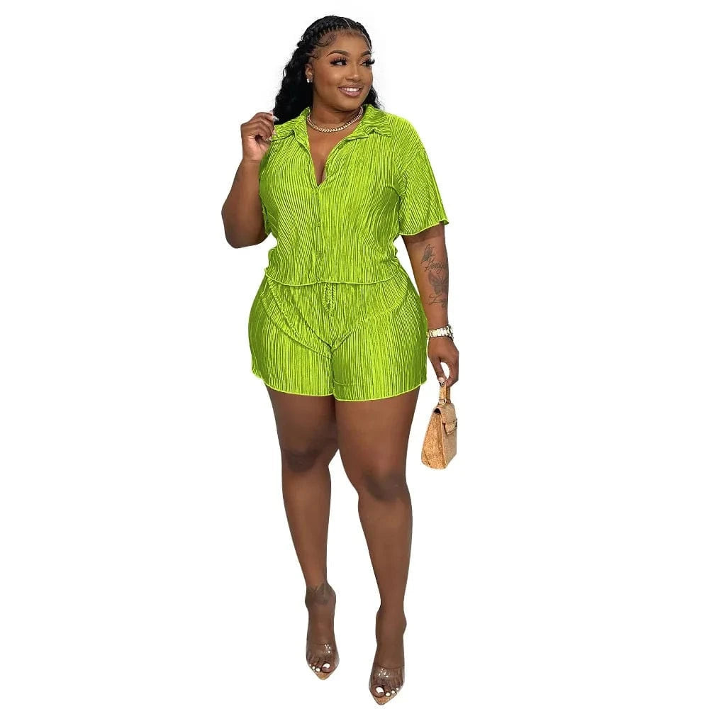 M / Yellow green Z140353 2024 spring summer black womens t-shirt and shorts sets Casual Wrinkle 2 piece short shirt set with button