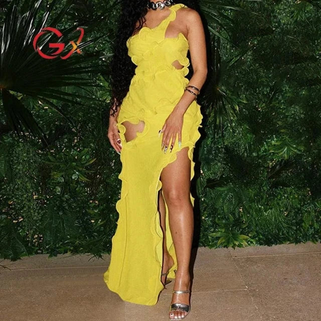 M / Yellow GX1900 New 2024 Summer Style Sleeveless Halter Ruffle Long Dress Women Club Party Split Irregular Maxi Dresses