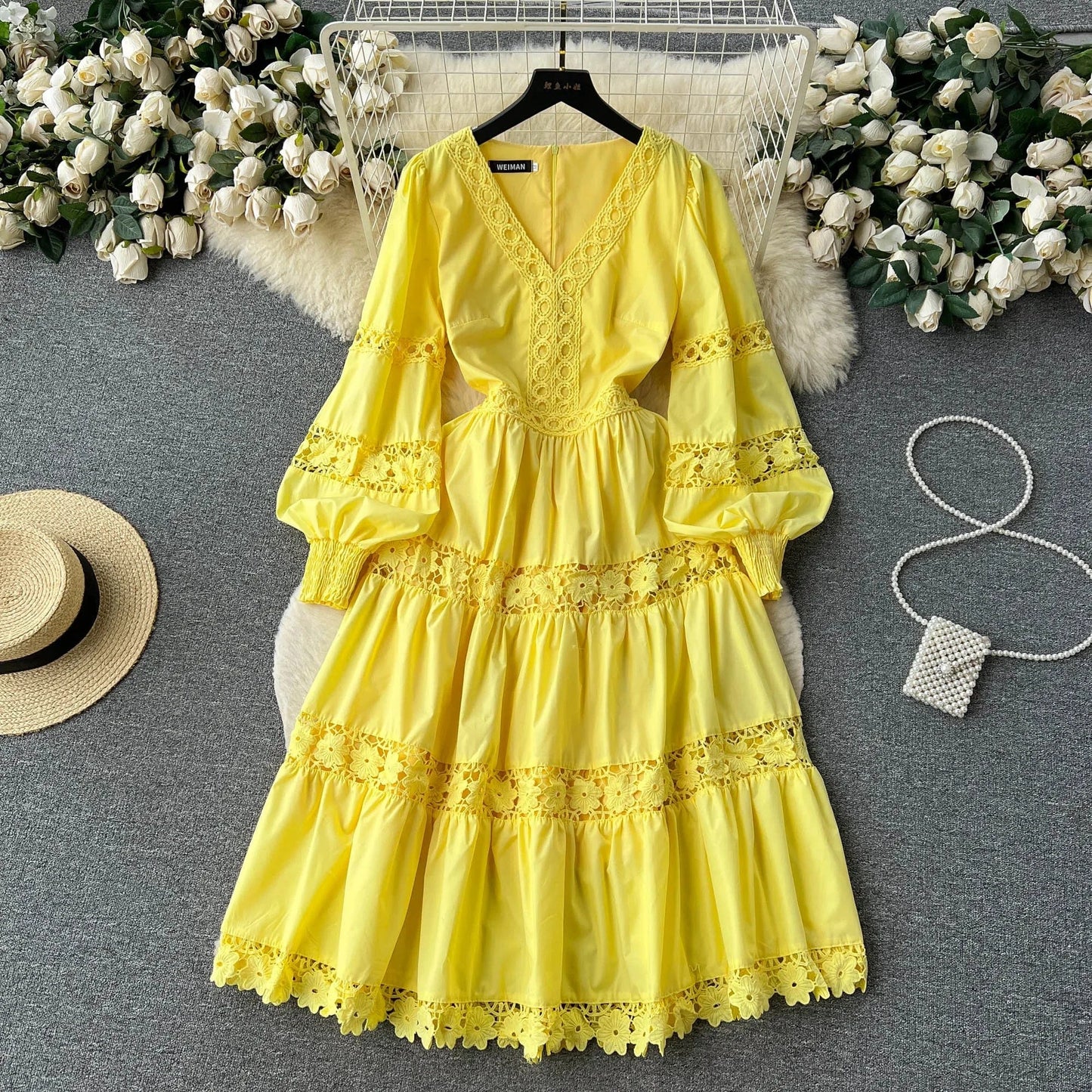 M / Yellow High Quality Crochet Lace Patchwork Long Sleeve Long Dresses Women